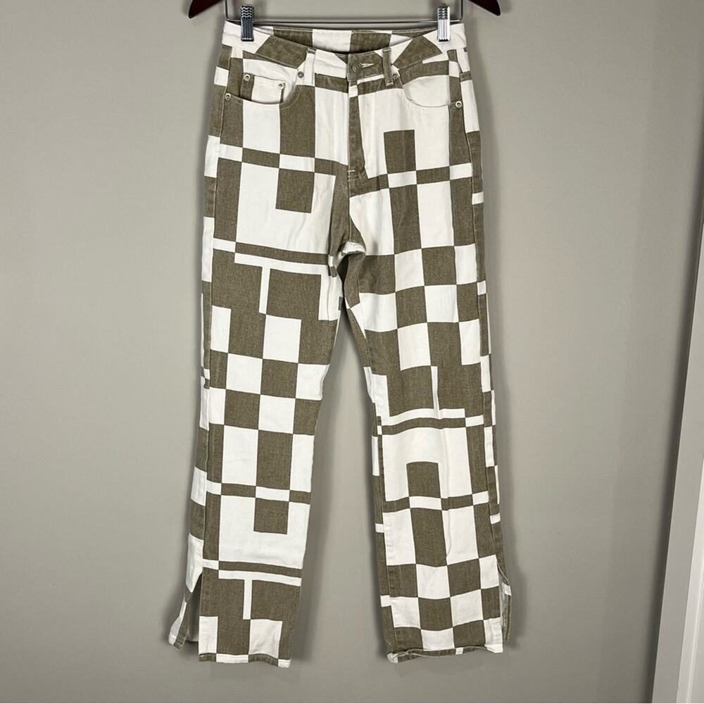 Beige Botany Wide Leg High Waisted Color Block Jeans Brown White Women's Small